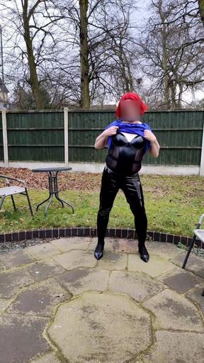 Satin Blouse and Tight Pvc Leggings Outdoors