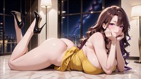 Big-breasted anime wife in tight yellow dress, luxurious mansion suite filled with semen to the brim