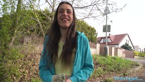Brunette jogger with a great ass measures a big cock before fucking it