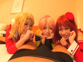 Seductive Japanese Girls Wearing Wigs Triple Team Him For Hardcore Fun