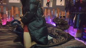 Cock Rubbing Down Jacket on Shiny Nylon Bed