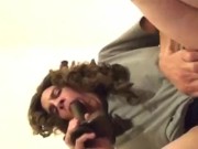 Transvestite sucks on dildo while jerking off until cums then drinks it.