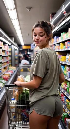 Petite milf stands alone in a cute pose