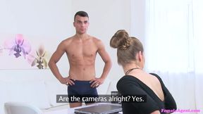 Female agent interviews a hot young stud for casting