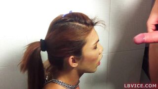 Thai Tranny in handcuffs gets her big tits and wet pussy pounded in a steamy bathroom POV