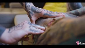 Burlesque tattoo beauty with big boobs gives anal fuck with strap-on