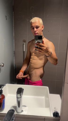 Handsome Blonde Fingering His Dick in the Train Toilet