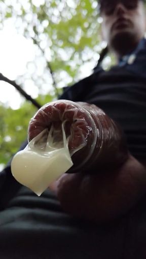 Boy Walks with Cum Filled Condom on His Uncut Dick After Fuck Outdoor