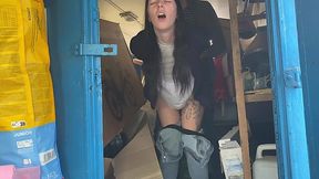 Brunette in jeans fucked in storage by her boss - Amateur