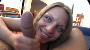 Voracious blonde whore Rita gives hot handjob to her lover