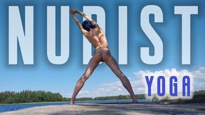 Nudist yoga on a desert island