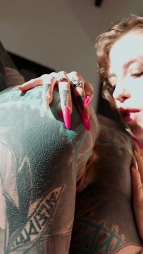 Lesbian Goth's Tattooed Asshole Dildo Play   Clip 1