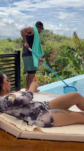 Huge Breasted Latina Brunette Can't Resist Fucking Big Black Cock Guy by the Pool.