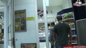 Pretty slut with blonde hair and small tits gets her pussy fucked in a kiosk