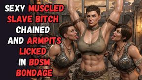 muscled army butch Sexy animated babe gets her gorgeous stubbly hairy toned armpits licked by two kinky fetish girls in BDSM Bondage