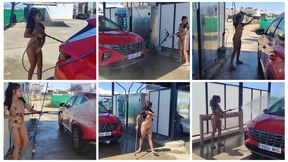 In public without clothes washing the car in gasoline