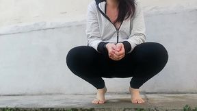 completely dirty black yoga pants full of pee in public place