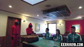 Masked guards pierce through Rech and Ikumis holes in squid game parody