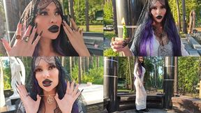 Gothic witch wanders the cemetery, performs black magic rituals, and makes you to worship her and Satan.