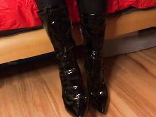 Shoe Licking and Cum on Ebony Stiletto Ankle Boots