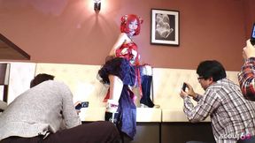 Skinny Japanese Cosplay Gir Give Blowjob and Handjob to Two Old Stranger Guys at Convention