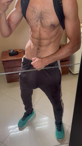 Very horny after training, sweaty, without underwear, with my 23cm dick showing