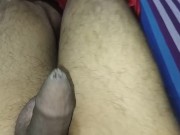 Shaved guy horny and rubbing his sweety dick