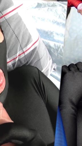 Natacha Guapa in full black zentai lycra blowjob