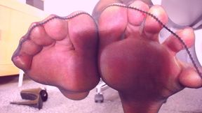 Episode 253. Sexy feet, painted toes in black sheer pantyhose, worship, teasing with nylon feet. Sniff teacher's feet in black pantyhose