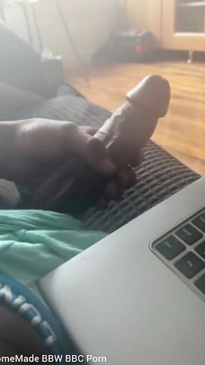 Stroking My Big Black Cock Watching Porn