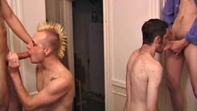 The four guys strip and start playing with each other's. Brock does Torque and Matthew does Tag. Torque and Tag end up seated on the bed while Brock and Matthew suck their.