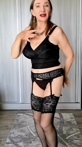 Teasing in Black Sexy Lingerie and Stockings with Huge Mature Boobs