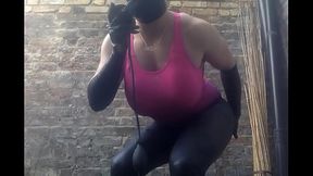 Yet another sissy sucking dildo in the garden