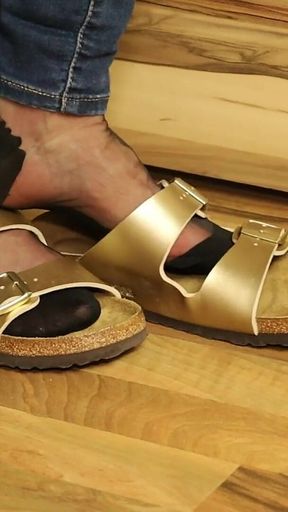 Golden Mules & Black Nylons - Sensual Shoe Removal