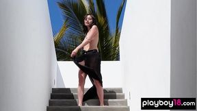 Shy newcomer asian teen KJ Carter stripping and posing nude for Playboy