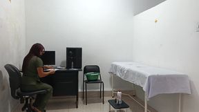 Nurse treats a special client while masturbating in the doctor's office
