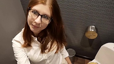 Fucking my ass with a HUGE dildo in a restaurant toelet