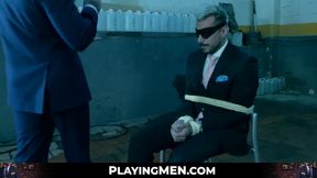 Blindfolded businessman Dani Rivera's anal adventure with dildo play