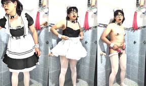 Maid destroyed in shower with anal dildo and chastity