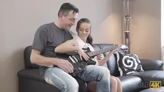 Skinny teen brunette gets fucked by mature daddy and takes his cum