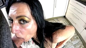 nympho chef apron fantasy. pov deepthroat, hands free facefuck and messy facial