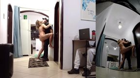 Real Wife Cheats on Her Husband While He's Wearing Headphones with the Delivery Man.