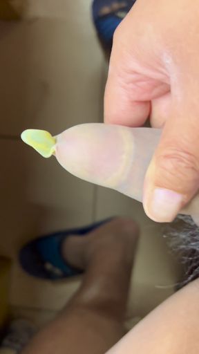 The cock is wearing a 660 long transparent balloon