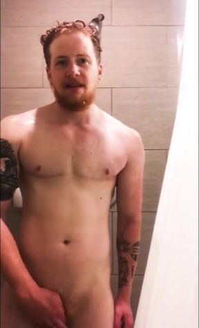 Hot ginger FTM gushes in gym shower sloppy orgasm