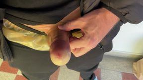 Shooting my load in transparent latex cock sheath pants