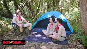 Boys At Camp - Two Scout Leaders Welcum The New Scout Boy At The Campsite