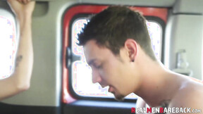 Real sex session with buff men practicing oral in car