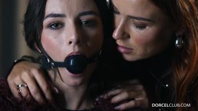 Hot redhead dommy mommy puts a ballgag on her bestie and makes her lick her pussy