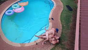 Outdoor pool threesome leads to DP and catching a cheating husband