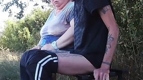 Her lips wrap around mine as we fuck on a bench &mdash;  cum dripping
